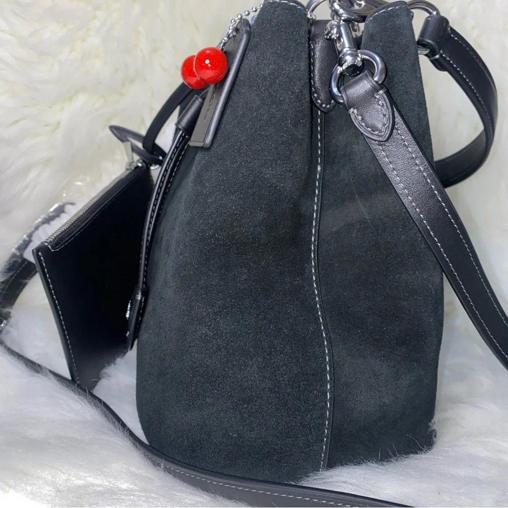 Coach Rowan Bucket Bag With Cherry Charm New Suede purse